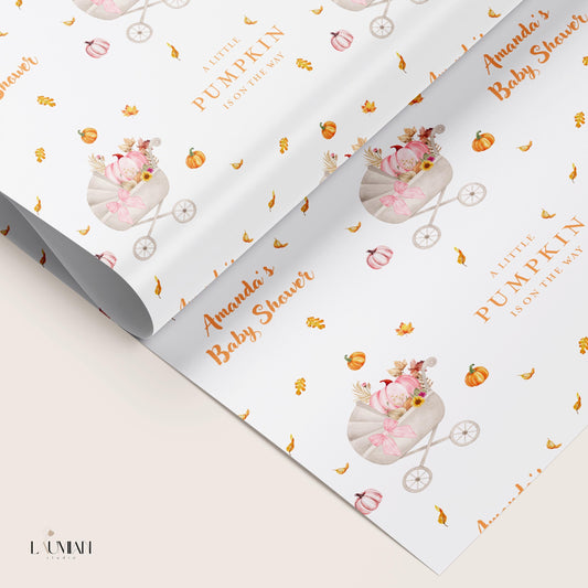 Little Pumpkin Is On The Way Wrapping Paper Autumn Baby Shower Gift Wrap Cute Pumpkin Stroller Baby Sprinkle Paper Fall Baby Shower Decor - LAUMIANstudio