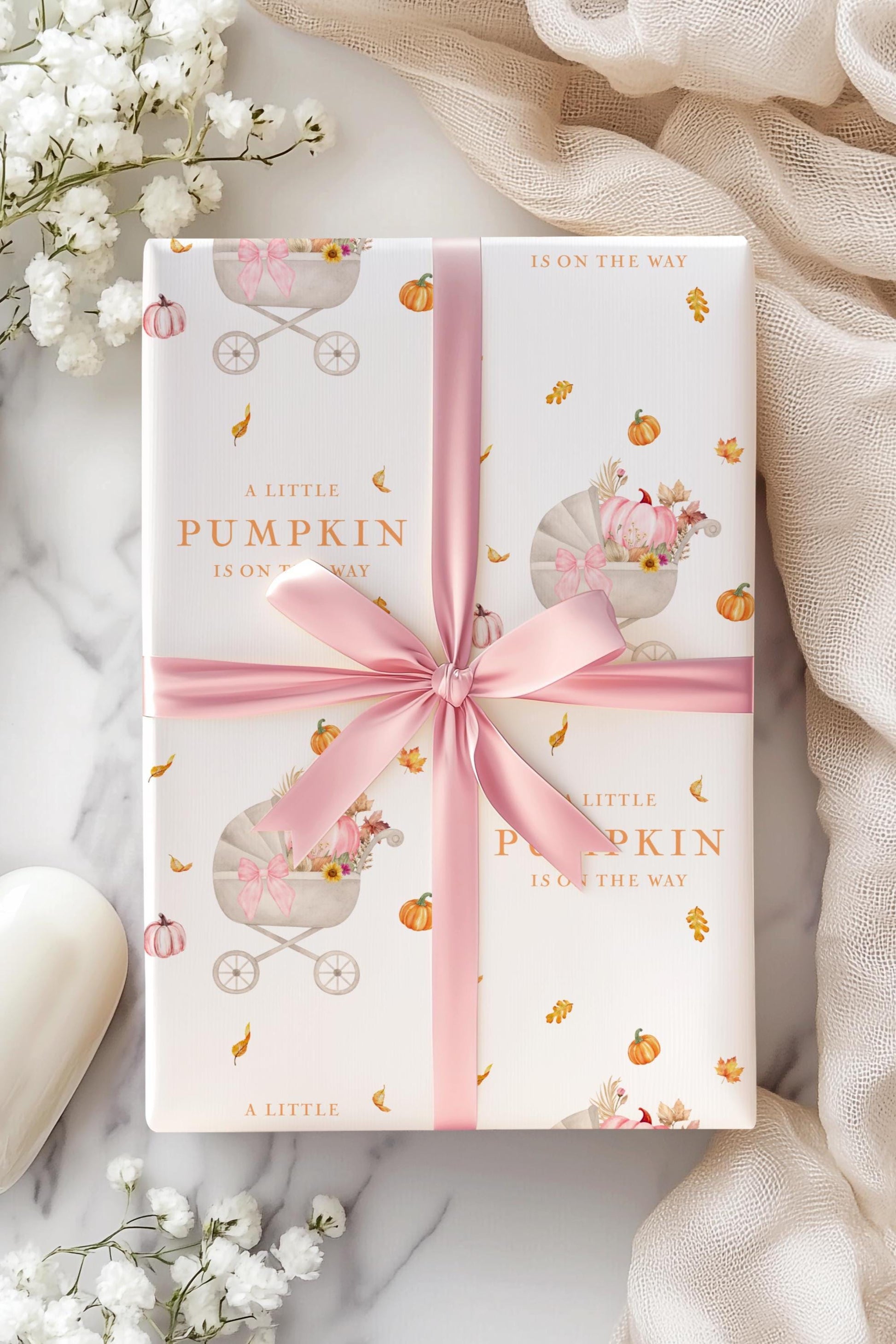 Little Pumpkin Is On The Way Wrapping Paper Autumn Baby Shower Gift Wrap Cute Pumpkin Stroller Baby Sprinkle Paper Fall Baby Shower Decor - LAUMIANstudio