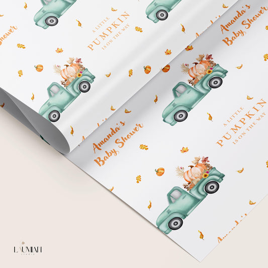 Pumpkin Truck Gift Wrap Personalized Pumpkin Baby Shower Wrapping Paper Elegant Fall Gift Wrap Little Pumpkin on the Way Baby Shower Decor - LAUMIANstudio