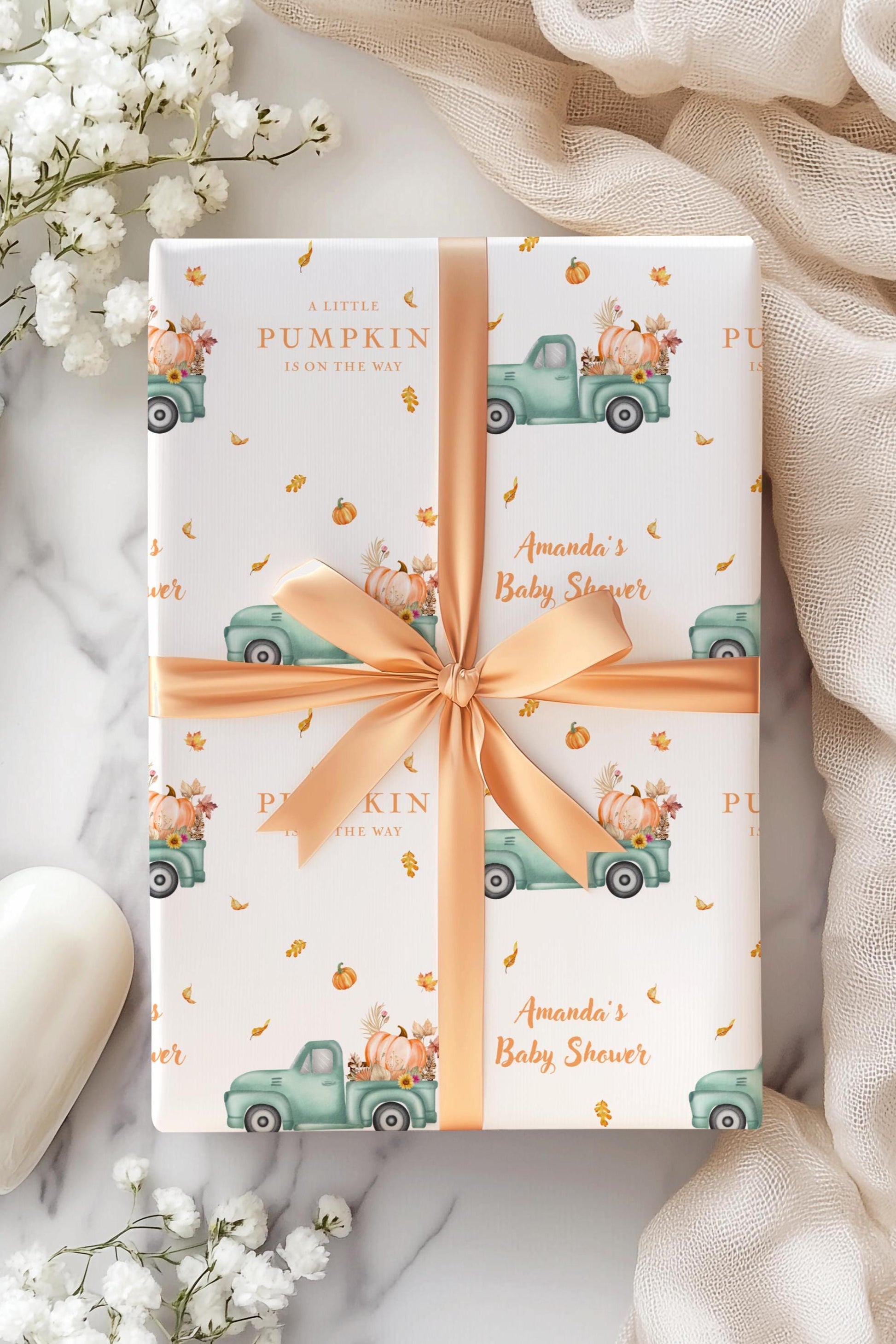 Pumpkin Truck Gift Wrap Personalized Pumpkin Baby Shower Wrapping Paper Elegant Fall Gift Wrap Little Pumpkin on the Way Baby Shower Decor - LAUMIANstudio