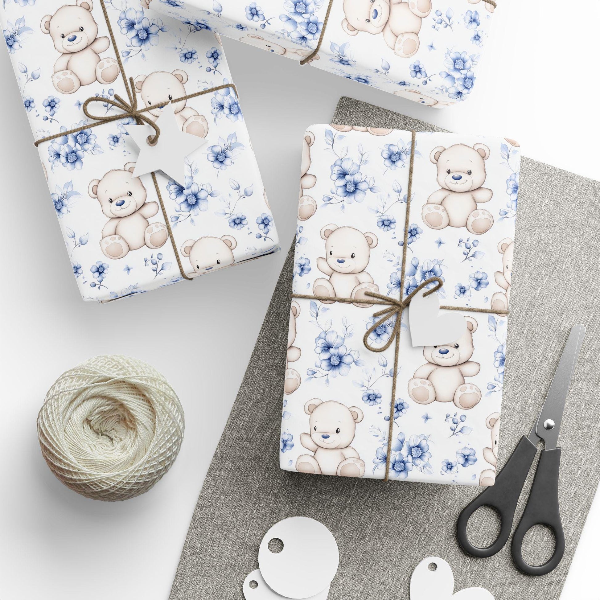 Teddy Bear Wrapping Paper Beary First Birthday Gift Wrap Plush Teddy Personalized Gift Paper It is a Boy Baby Shower Gift Wrapping Roll Blue - LAUMIANstudio