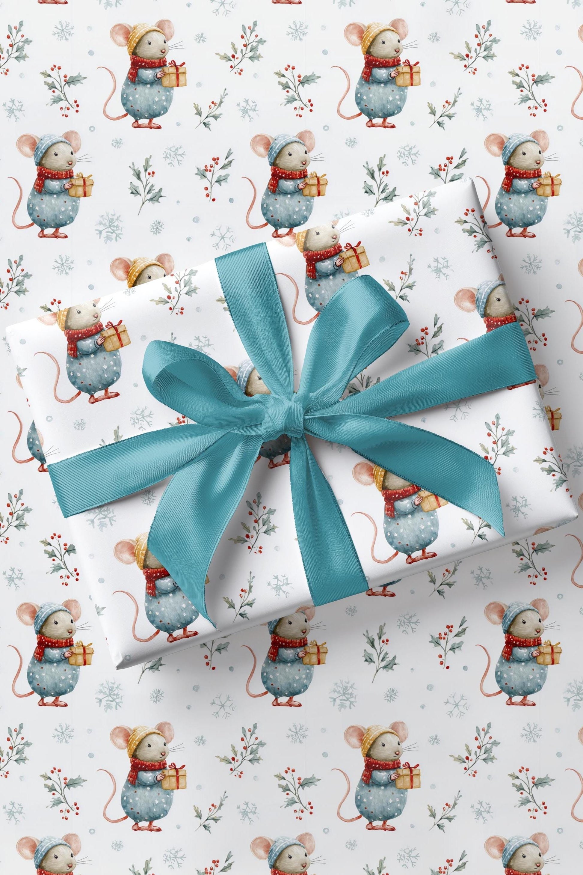 Cute Santa Mouse Wrapping Paper Christmas Mouse Gift Wrap Watercolor Winter Baby Shower Wrapping Paper Roll Christmas Children Wrapping - LAUMIANstudio