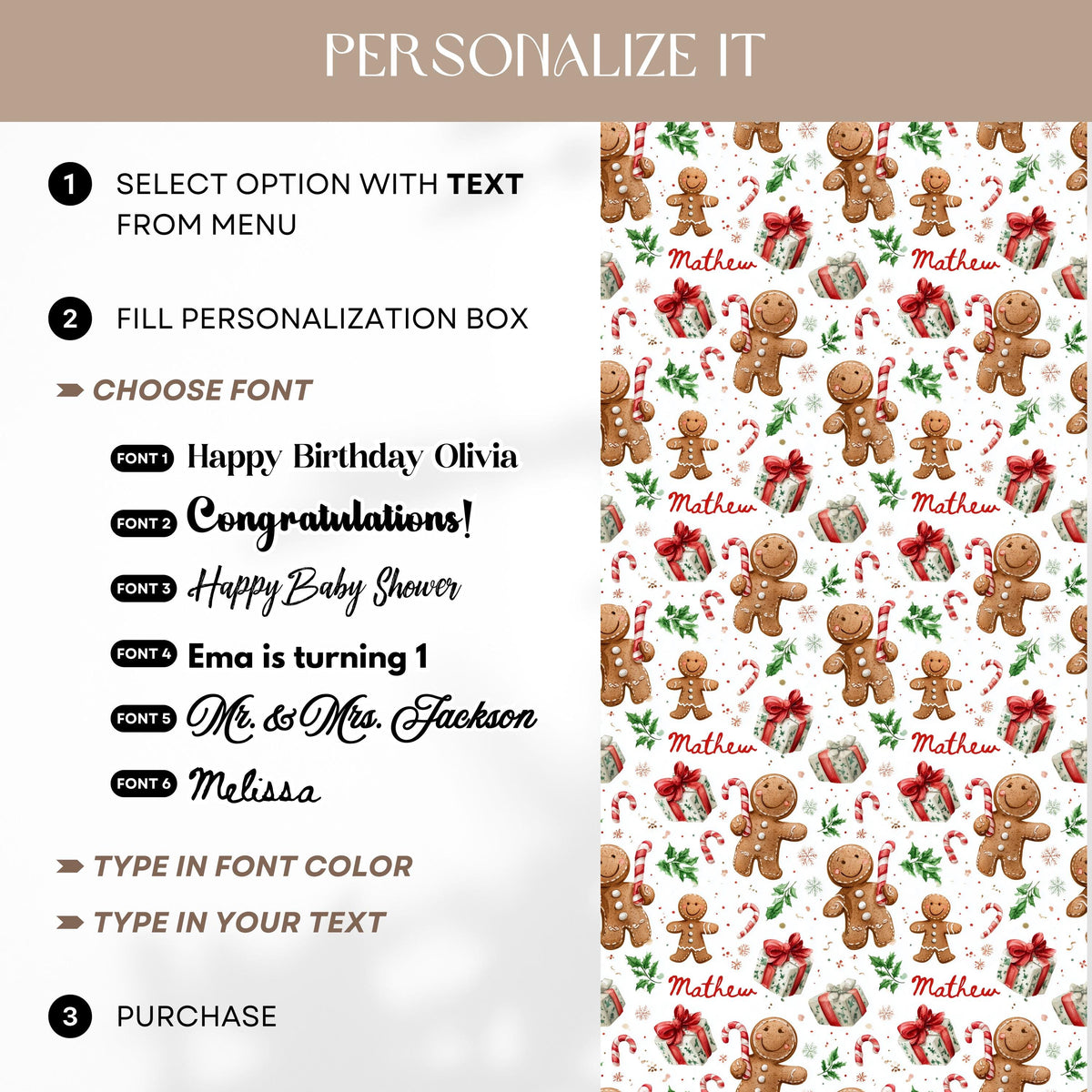 Christmas Gingerbread Man Wrapping Paper Personalized Gingerbread Gift Wrap Children Christmas Gingerbread Wrapping Paper Roll for Kids - LAUMIANstudio