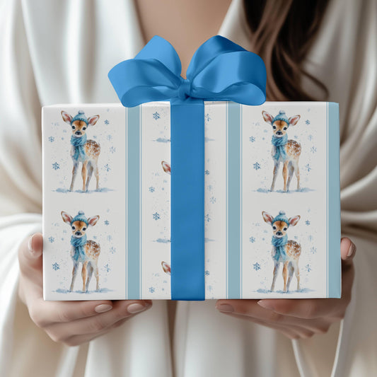 Boy First Christmas Gift Wrap Blue Baby Deer Wrapping Paper Christmas Reindeer Present Paper for Boy Baby Shower Gift Paper Watercolor Deer - LAUMIANstudio