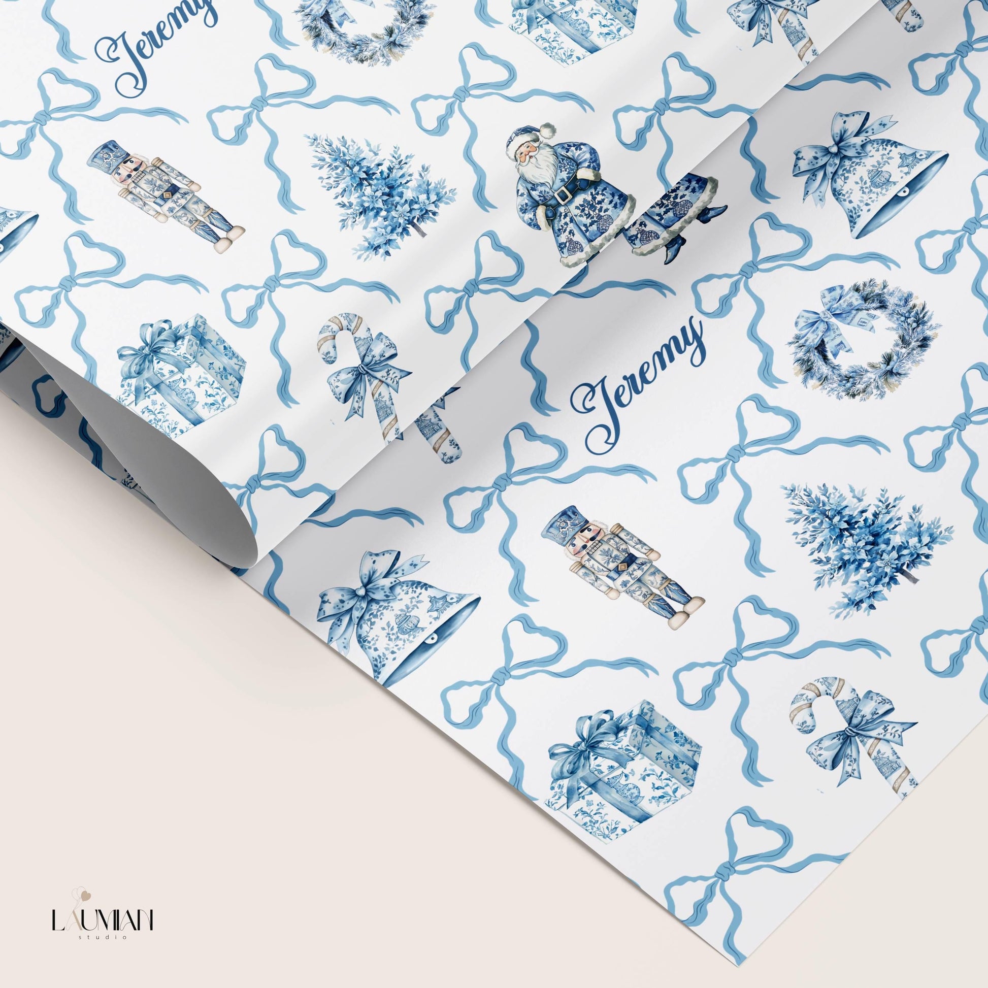 Blue Toile Wrapping Paper Christmas Blue Bow Gift Wrap Personalized Elegant Holiday Wrapping Paper Blue Nutcracker Gift Wrap First Christmas - LAUMIANstudio