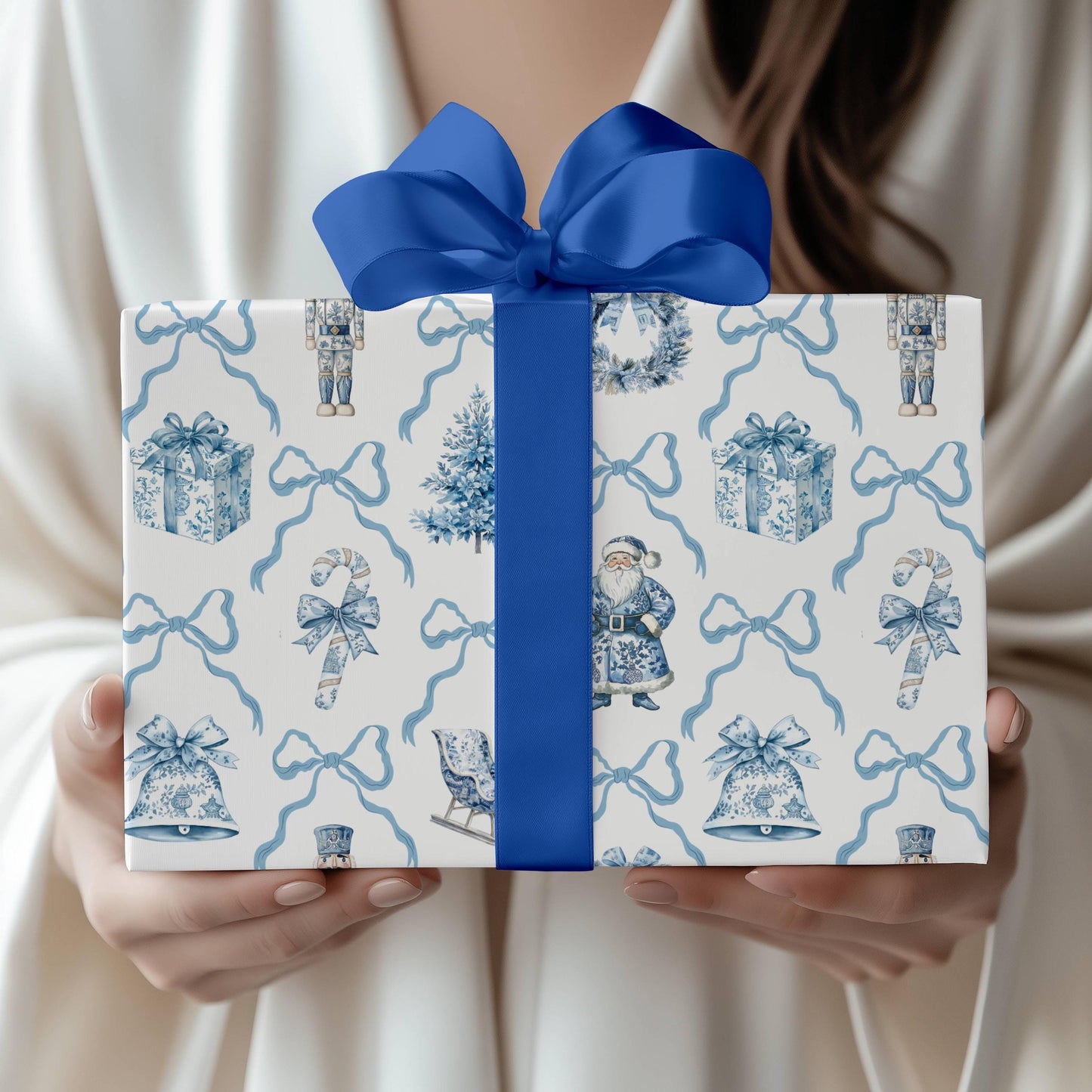 Blue Toile Wrapping Paper Christmas Blue Bow Gift Wrap Personalized Elegant Holiday Wrapping Paper Blue Nutcracker Gift Wrap First Christmas - LAUMIANstudio