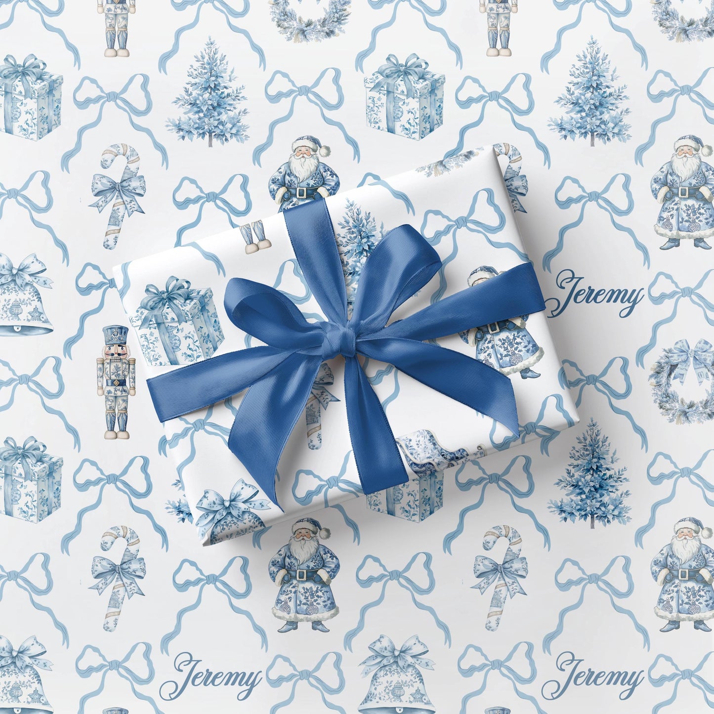 Blue Toile Wrapping Paper Christmas Blue Bow Gift Wrap Personalized Elegant Holiday Wrapping Paper Blue Nutcracker Gift Wrap First Christmas - LAUMIANstudio