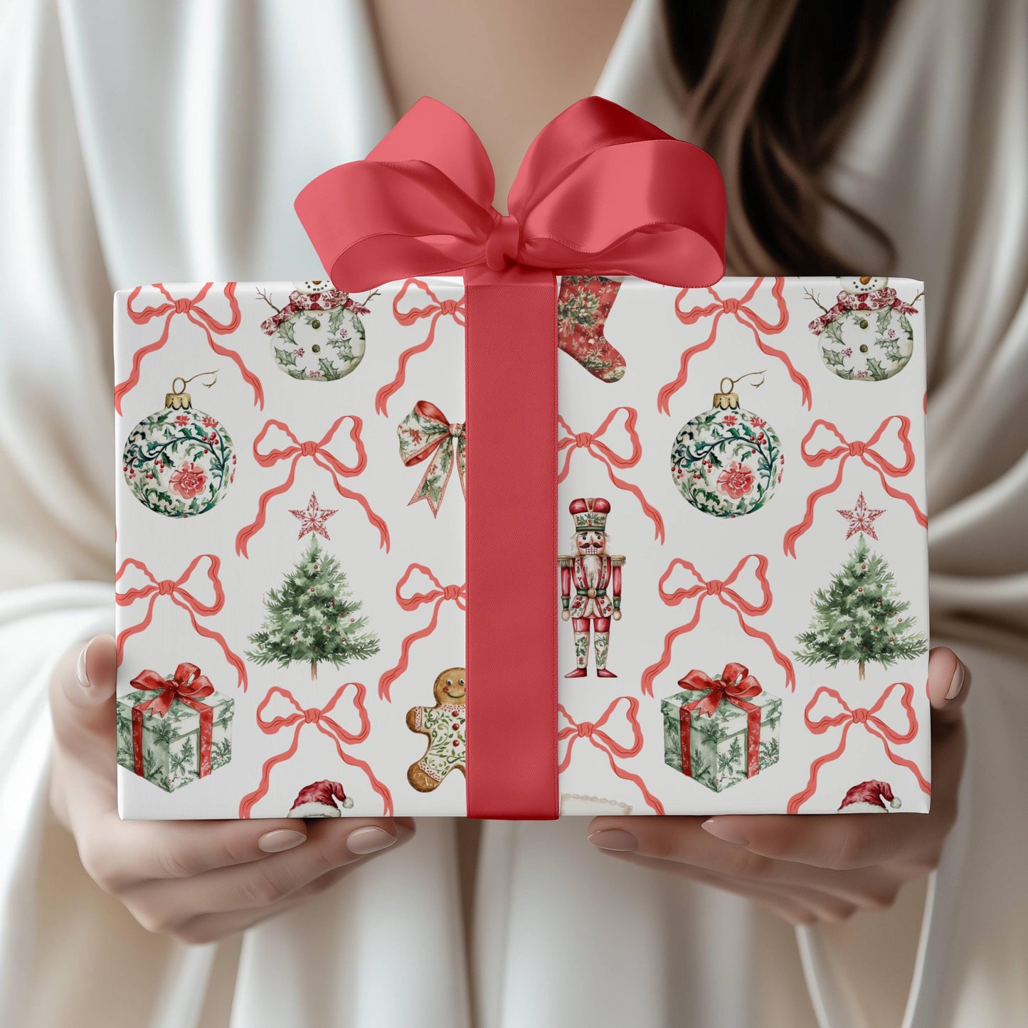 Red Bow Christmas Wrapping Paper Toile Christmas Baubles Gift Wrap Elegant Red Toile Wrapping Paper Festive Nutcracker Gift Wrap Christmas - LAUMIANstudio