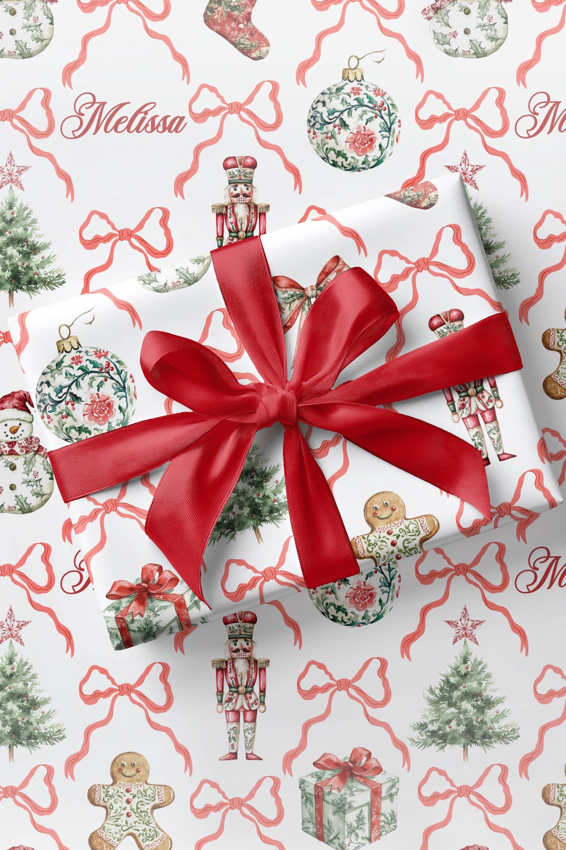 Red Bow Christmas Wrapping Paper Toile Christmas Baubles Gift Wrap Elegant Red Toile Wrapping Paper Festive Nutcracker Gift Wrap Christmas - LAUMIANstudio
