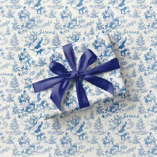 Blue Santa Toile Wrapping Paper Blue Vintage Gift Wrap Personalized Elegant Blue Christmas Gift Wrap Festive Chinoiserie Wrapping Paper Roll - LAUMIANstudio