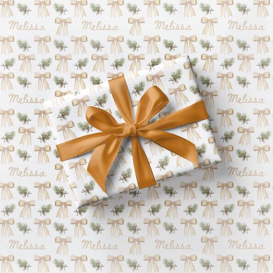 Golden Festive Bows Wrapping Paper Christmas Toile Coquette Gift Wrap Gold Chinoiserie Holiday Paper Roll Beige Classic Christmas Wrap - LAUMIANstudio