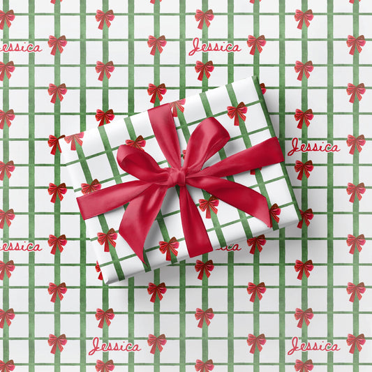 Festive Red Bow Wrapping Paper Christmas Gingham Gift Wrap Custom Name Holiday Wrapping Paper Christmas Party Gift Wrapping Green Gingham - LAUMIANstudio