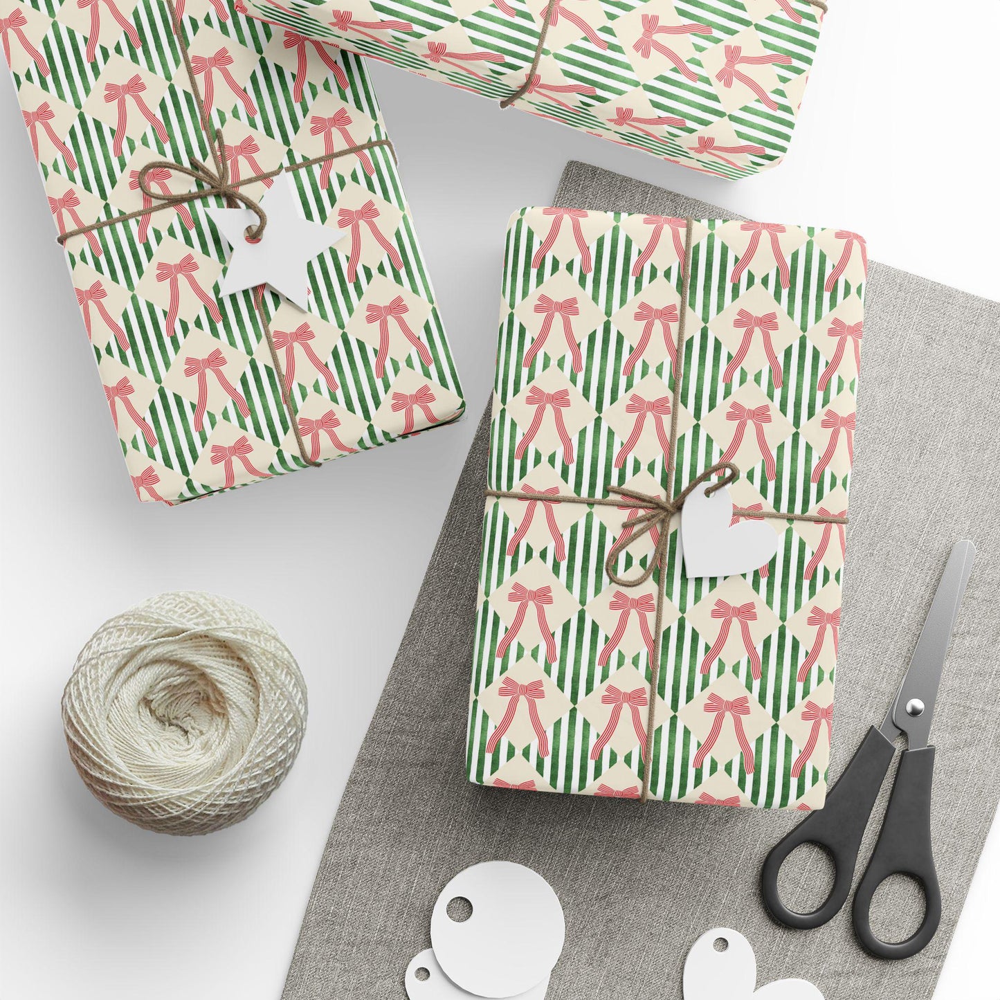 Elegant Festive Striped Wrapping paper Red and Green Gift Wrap Festive Red Bow Christmas Wrapping Paper Roll Coquette Bow Stripe Gift Wrap - LAUMIANstudio