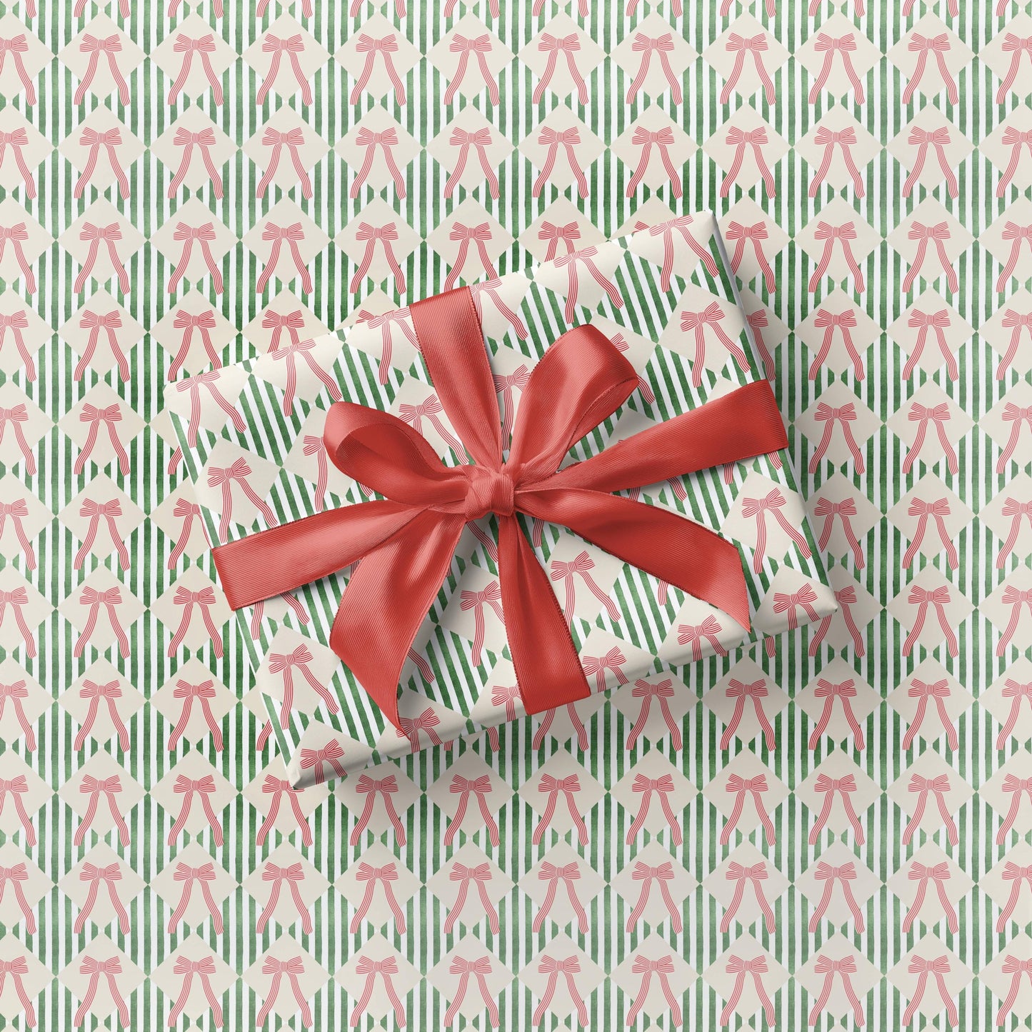 Elegant Festive Striped Wrapping paper Red and Green Gift Wrap Festive Red Bow Christmas Wrapping Paper Roll Coquette Bow Stripe Gift Wrap - LAUMIANstudio