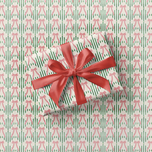 Elegant Festive Striped Wrapping paper Red and Green Gift Wrap Festive Red Bow Christmas Wrapping Paper Roll Coquette Bow Stripe Gift Wrap - LAUMIANstudio