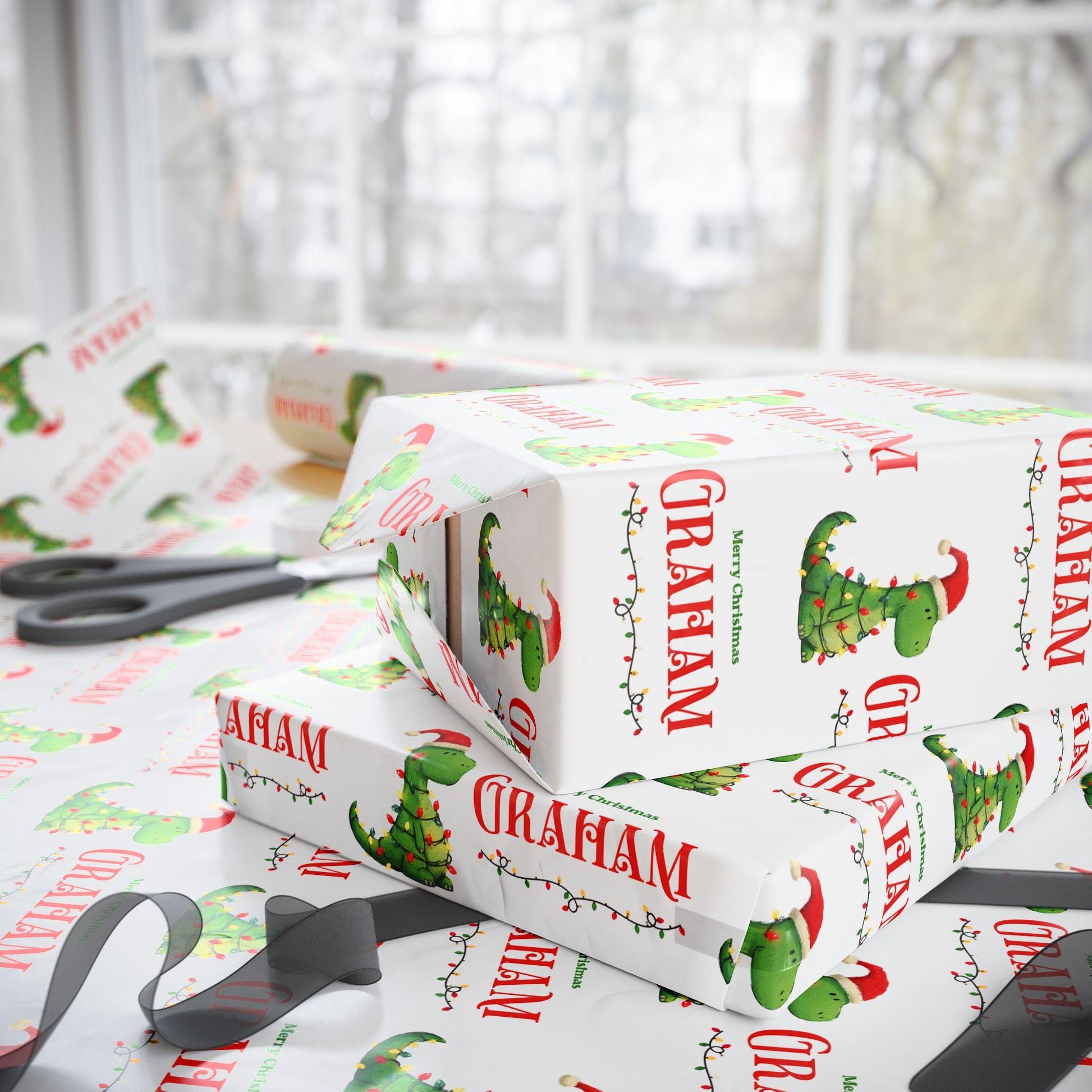 Christmas Dinosaur Wrapping Paper Kid Gift Festive Dino Wrapping Paper Roll Custom Name Trex Gift Wrap Dinosaur Birthday Present Paper - LAUMIANstudio