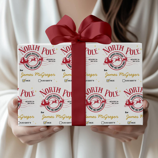 North Pole Express Wrapping Paper Custom Name Santa Delivery Gift Wrap Kid Priority Christmas Delivery Wrapping Paper Roll Santa Express - LAUMIANstudio