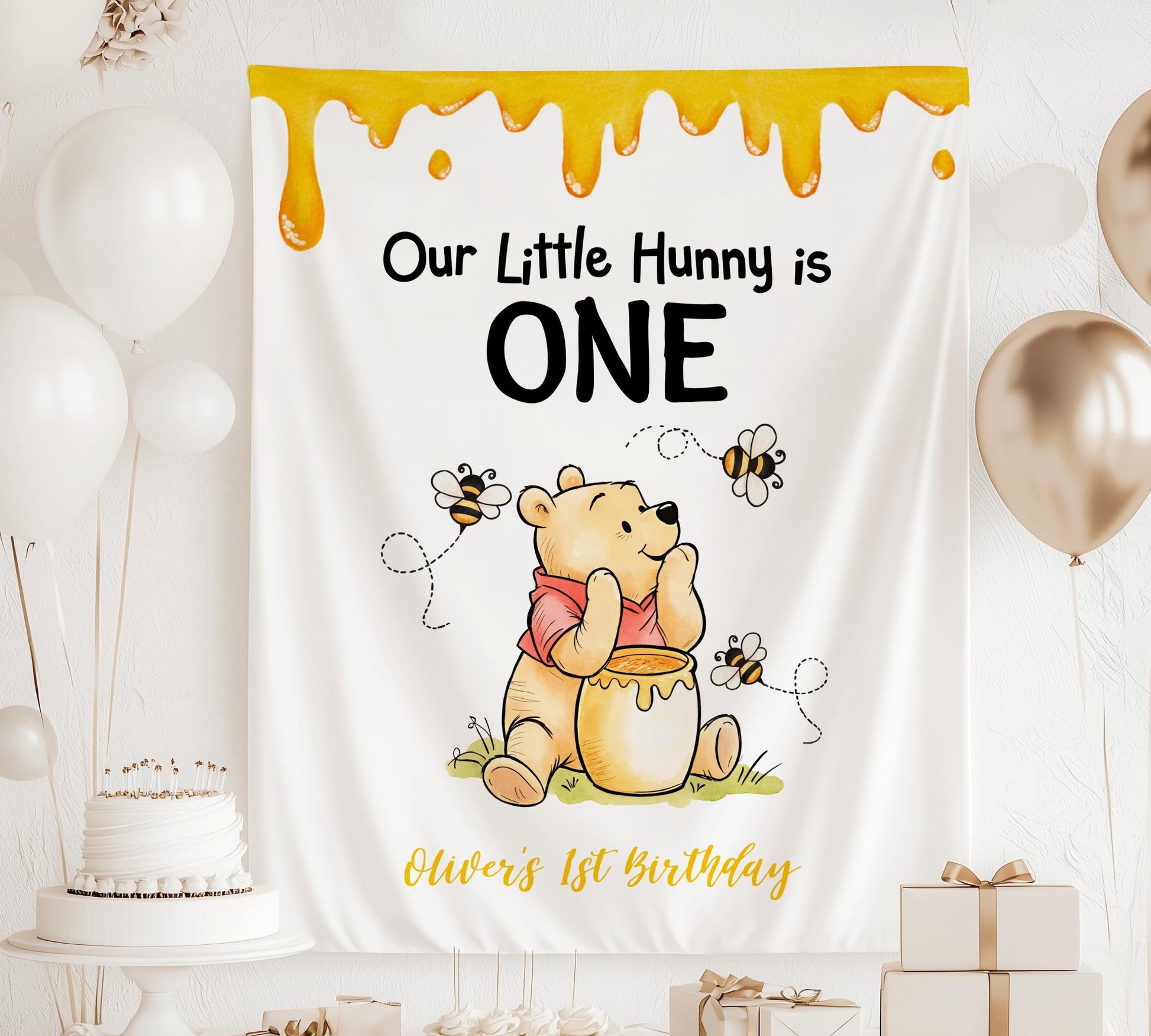 Our Little Hunny 1st Birthday Banner Little Hunny is Turning One Backdrop Winnie Birthday Decor Honey Bee Birthday Sign Classic Winnie - LAUMIANstudio