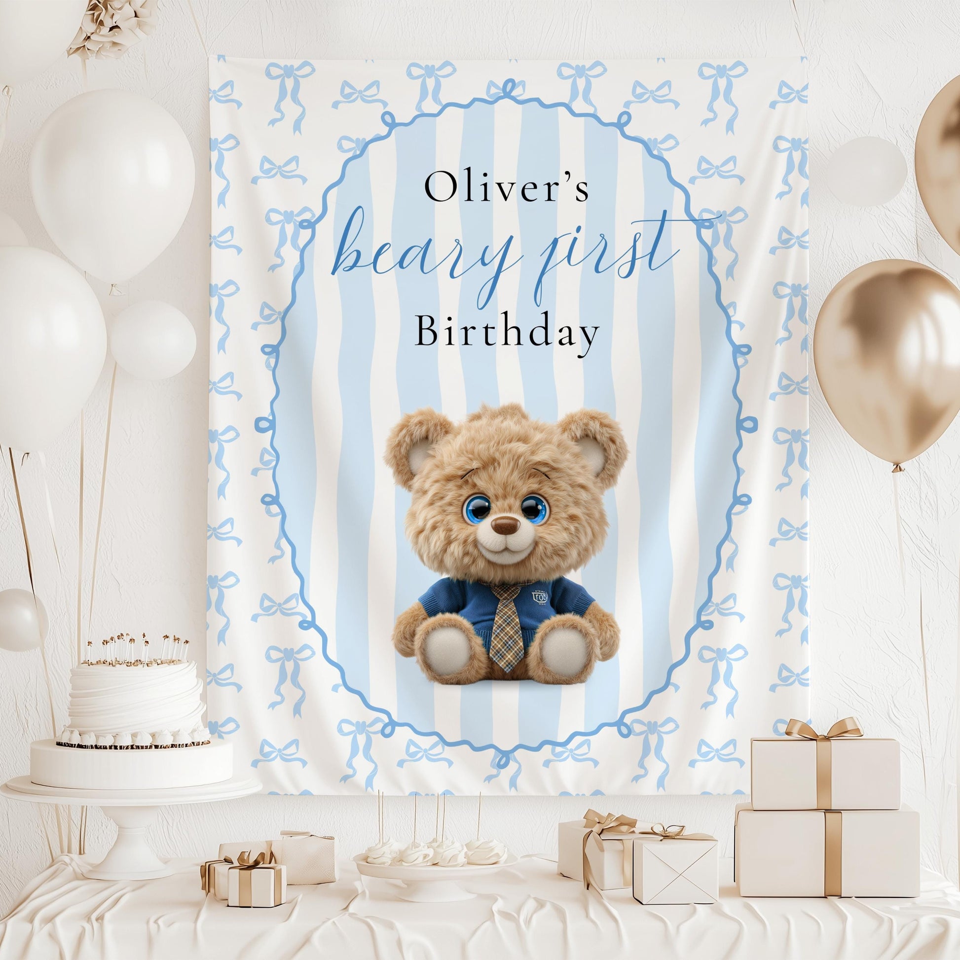 Beige Beary First Birthday Banner Teddy Bear Birthday Photo Backdrop Teddy 1st Birthday Wall Tapestry Beary First Birthday Welcome Sign - LAUMIANstudio