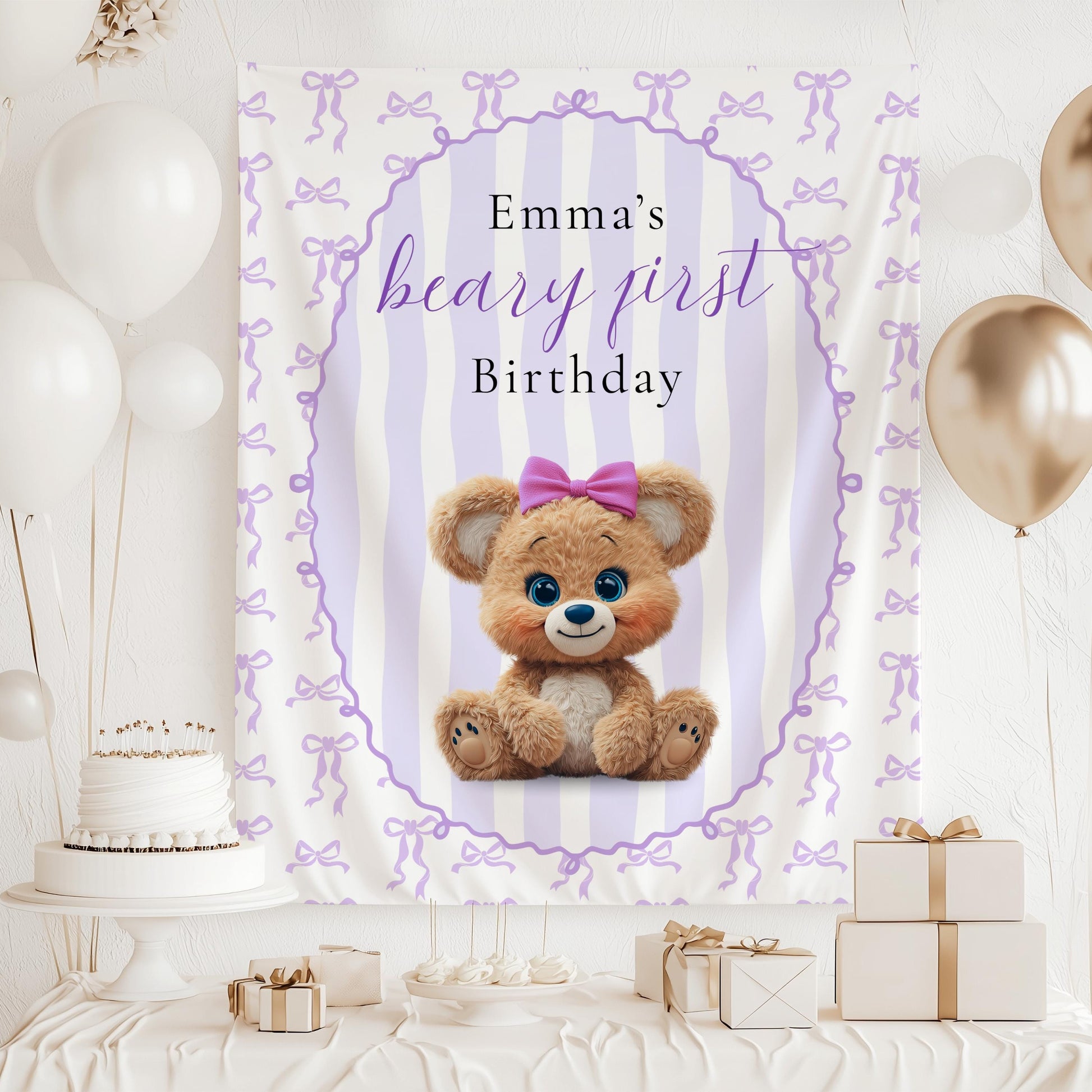 Beige Beary First Birthday Banner Teddy Bear Birthday Photo Backdrop Teddy 1st Birthday Wall Tapestry Beary First Birthday Welcome Sign - LAUMIANstudio