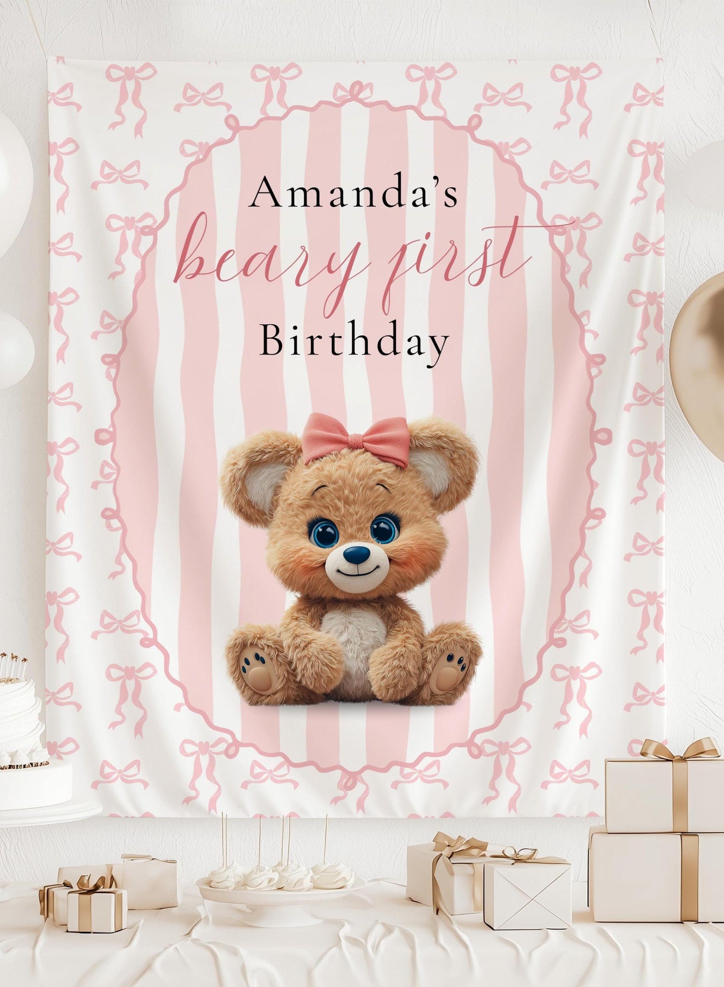Pink Beary 1st Birthday Backdrop Girl First Birthday Decor Teddy Girl is One Birthday Banner Teddy Bear Party Pink Prop Beary First Bday - LAUMIANstudio