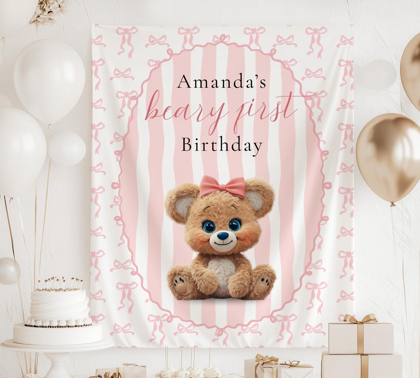 Pink Beary 1st Birthday Backdrop Girl First Birthday Decor Teddy Girl is One Birthday Banner Teddy Bear Party Pink Prop Beary First Bday - LAUMIANstudio
