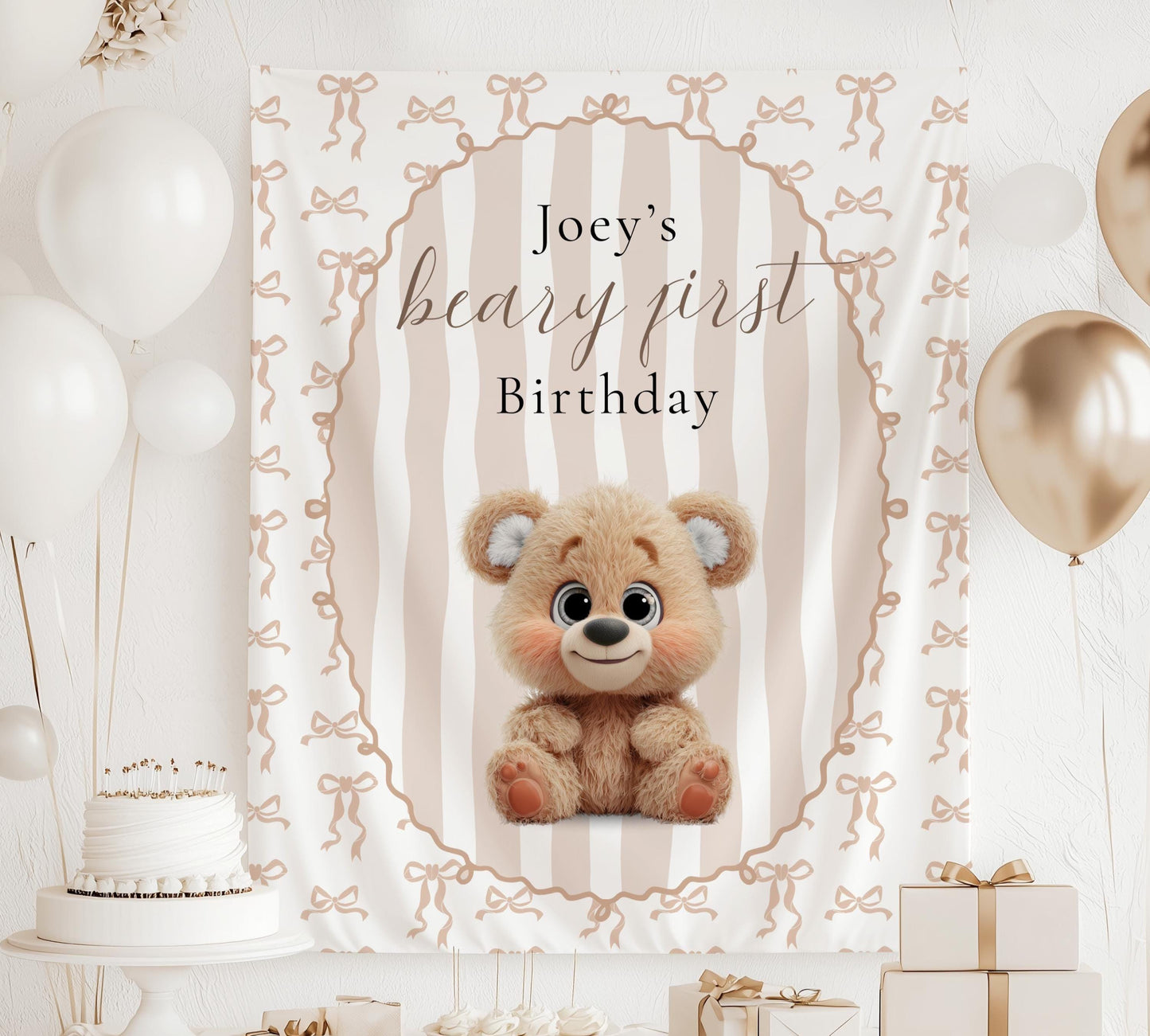 Beige Beary First Birthday Banner Teddy Bear Birthday Photo Backdrop Teddy 1st Birthday Wall Tapestry Beary First Birthday Welcome Sign - LAUMIANstudio