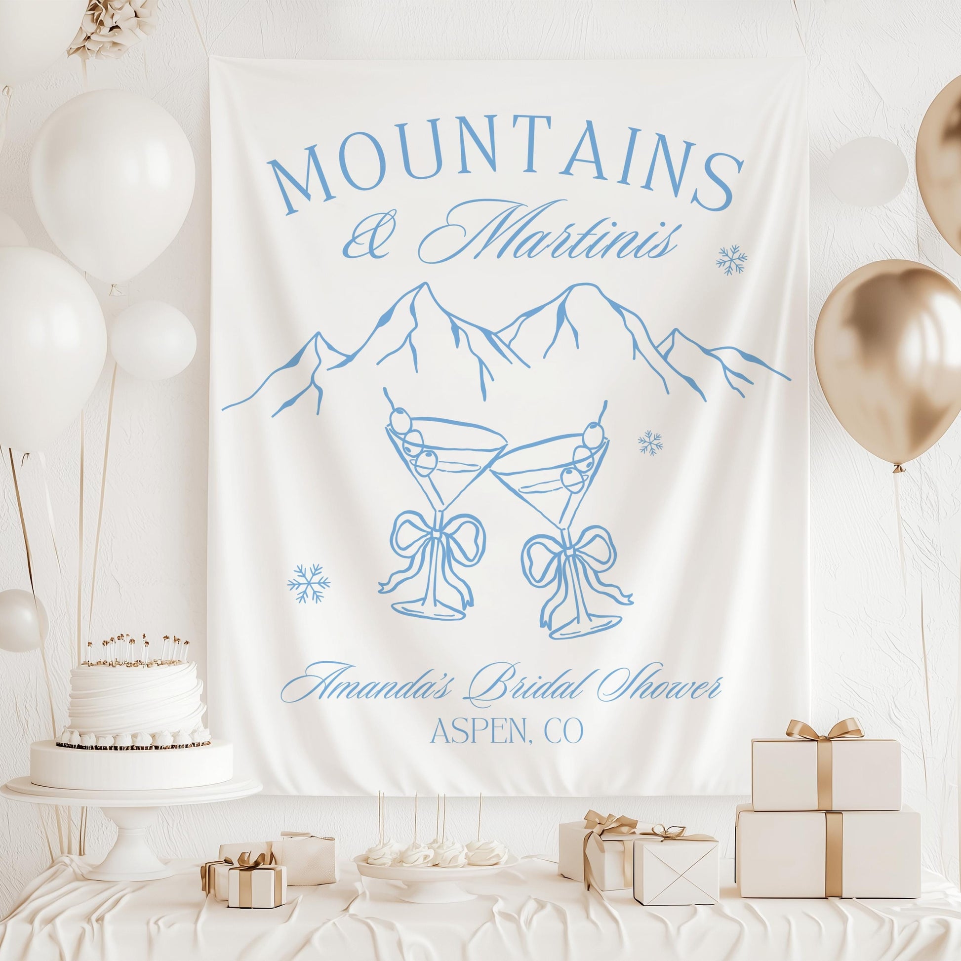 Winter Mountains Martini Banner Winter Bachelorette Party Theme Decor Snowflake Bridal Shower Backdrop Mountain Ski Bach Weekend Sign - LAUMIANstudio