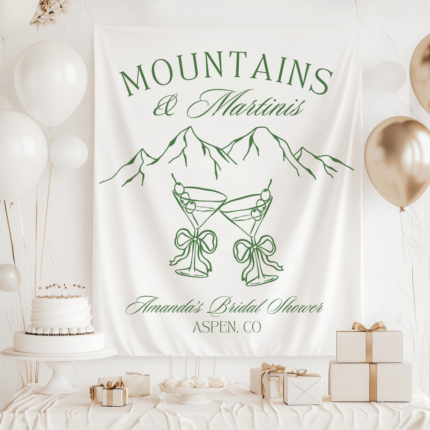 Mountains and Martinis Bachelorette Banner Mountain Bridal Shower Decor Green Martini Bach Backdrop Mountains Martinis Backdrop Trail Bach - LAUMIANstudio