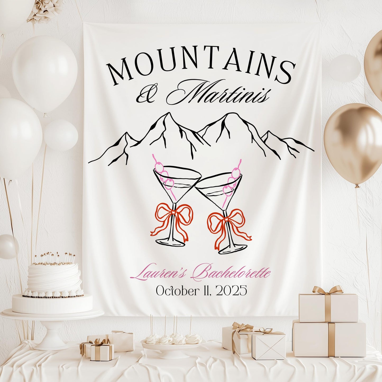 Mountains and Martinis Bachelorette Banner Mountain Bridal Shower Decor Green Martini Bach Backdrop Mountains Martinis Backdrop Trail Bach - LAUMIANstudio