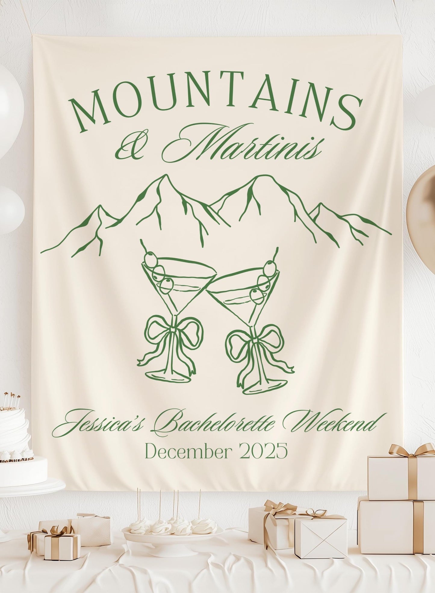 Mountains and Martinis Bachelorette Banner Mountain Bridal Shower Decor Green Martini Bach Backdrop Mountains Martinis Backdrop Trail Bach - LAUMIANstudio