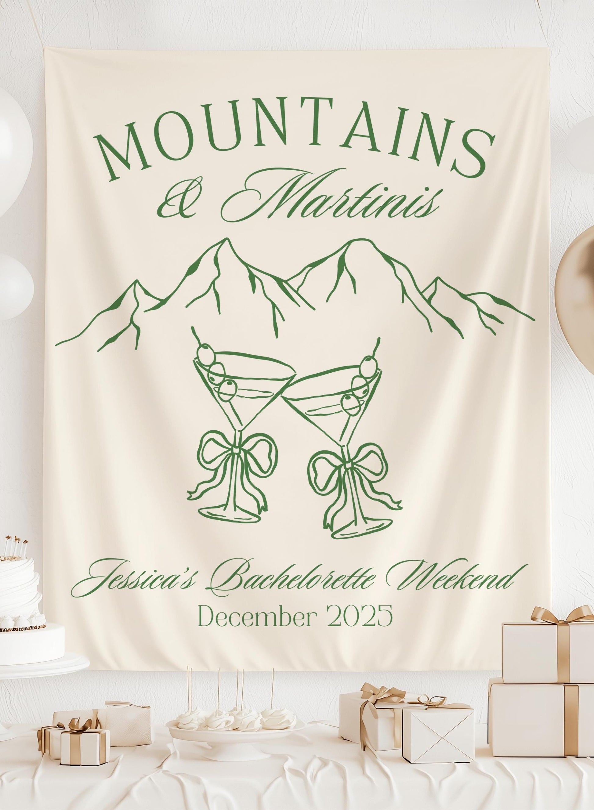Mountains and Martinis Bachelorette Banner Mountain Bridal Shower Decor Green Martini Bach Backdrop Mountains Martinis Backdrop Trail Bach - LAUMIANstudio
