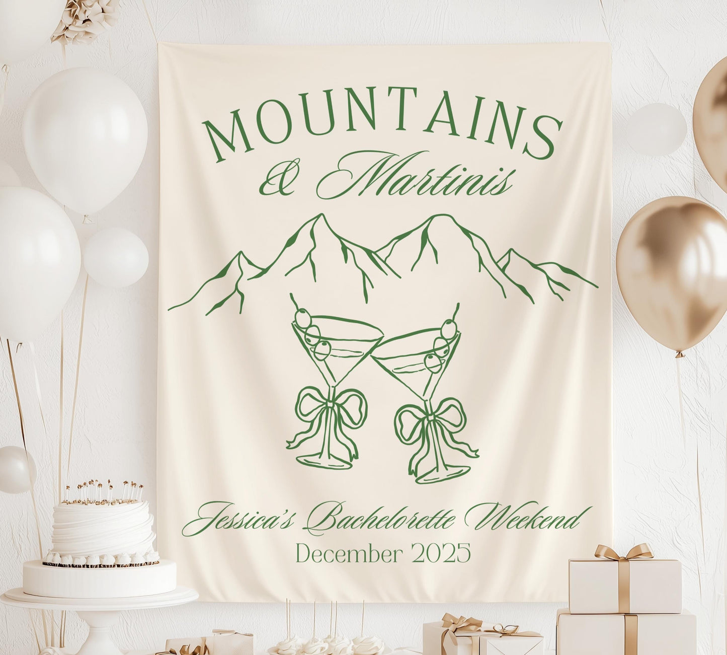 Mountains and Martinis Bachelorette Banner Mountain Bridal Shower Decor Green Martini Bach Backdrop Mountains Martinis Backdrop Trail Bach - LAUMIANstudio