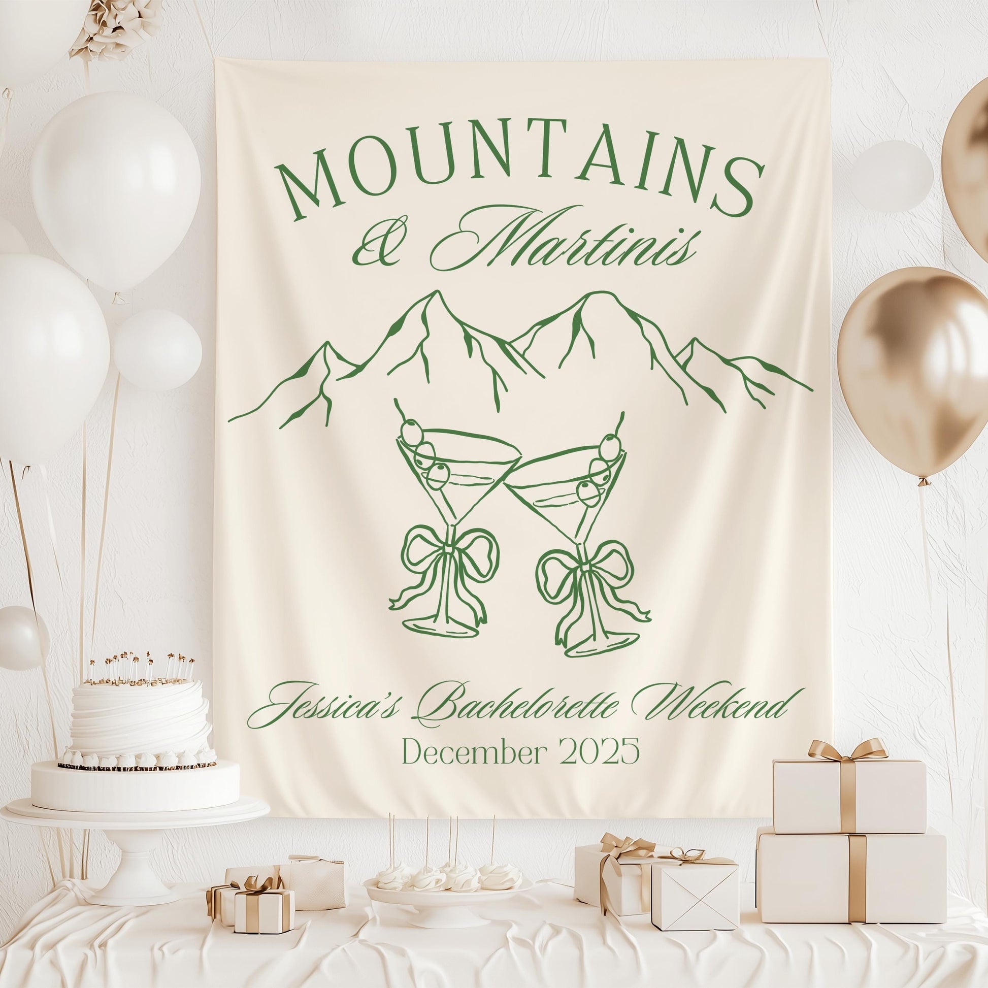 Winter Mountains Martini Banner Winter Bachelorette Party Theme Decor Snowflake Bridal Shower Backdrop Mountain Ski Bach Weekend Sign - LAUMIANstudio