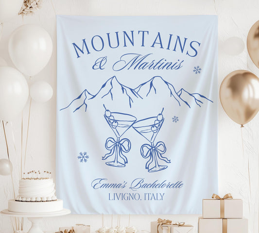 Winter Mountains Martini Banner Winter Bachelorette Party Theme Decor Snowflake Bridal Shower Backdrop Mountain Ski Bach Weekend Sign - LAUMIANstudio