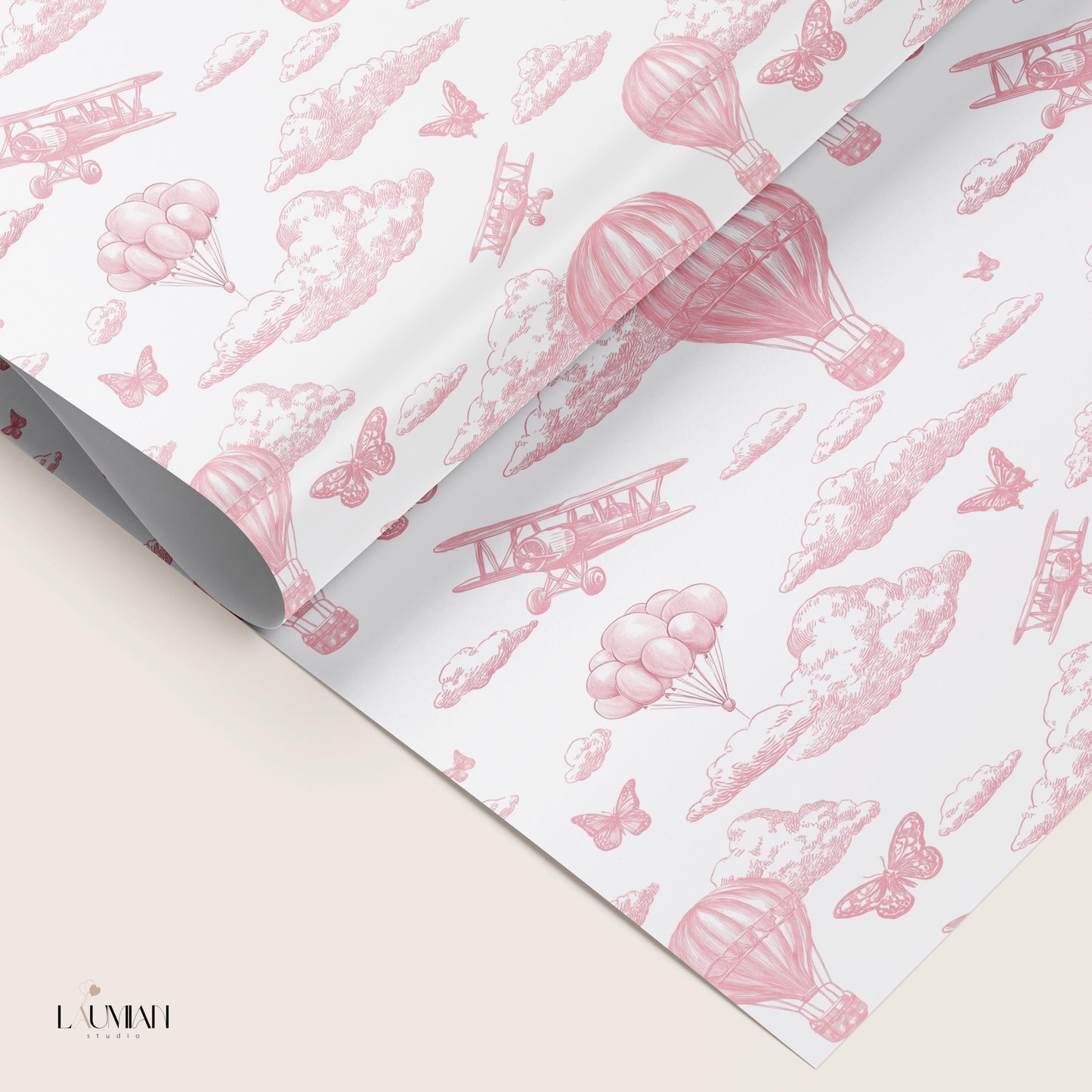 Pink Balloon Wrapping Paper Blush Pink Toile Gift Wrap 1st Birthday Pink Wrap Roll Chinoiserie Baby Shower Wrapping Paper Matte Pink Cloud - LAUMIANstudio