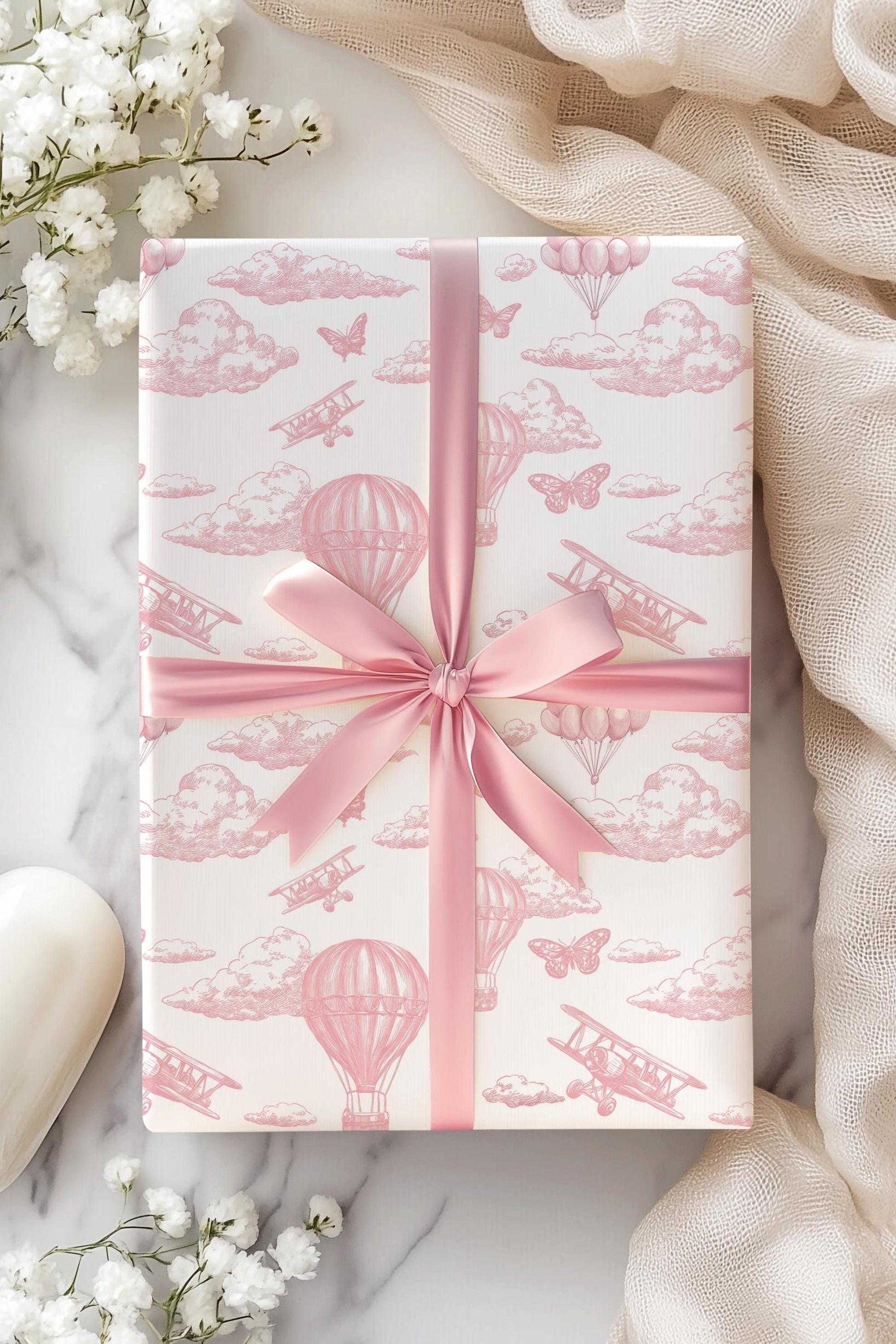 Pink Balloon Wrapping Paper Blush Pink Toile Gift Wrap 1st Birthday Pink Wrap Roll Chinoiserie Baby Shower Wrapping Paper Matte Pink Cloud - LAUMIANstudio