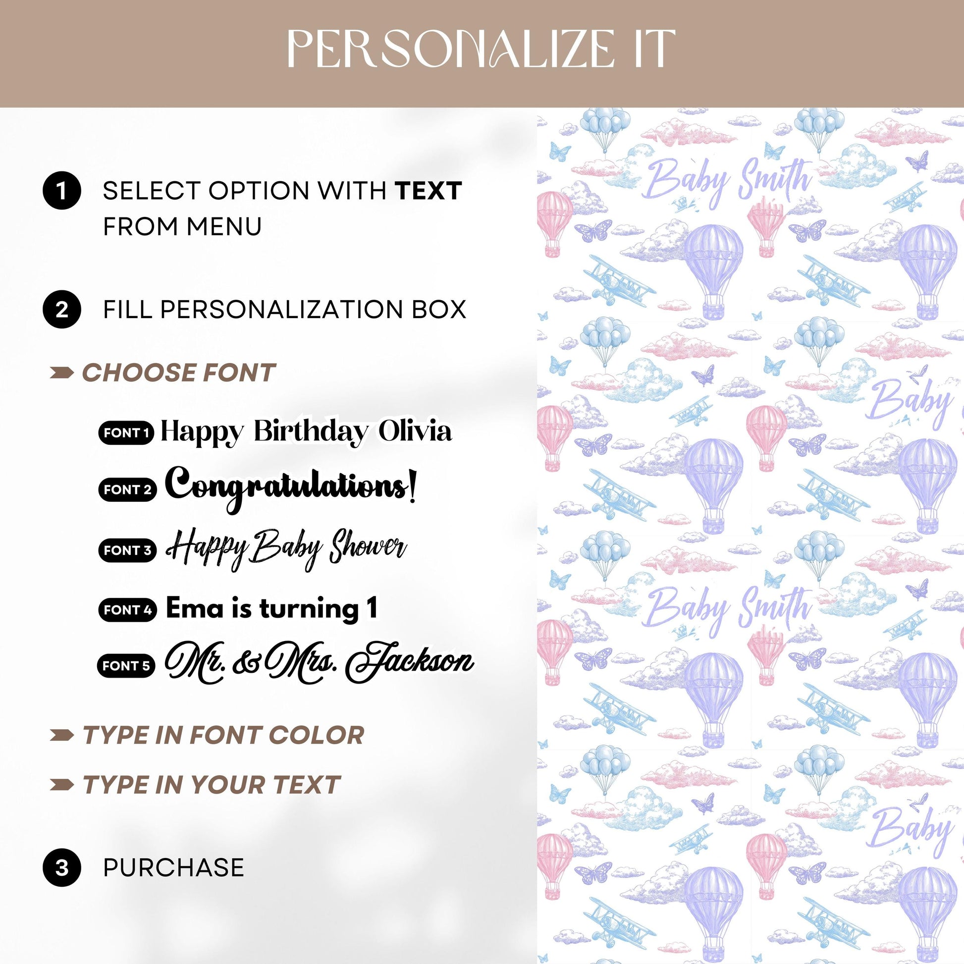 Colourful Sky Wrapping Paper Pink Purple Toile Gift Wrap Baby Girl 1st Birthday Gift Wrapping Elegant Gender Reveal Wrapping Paper Balloon - LAUMIANstudio
