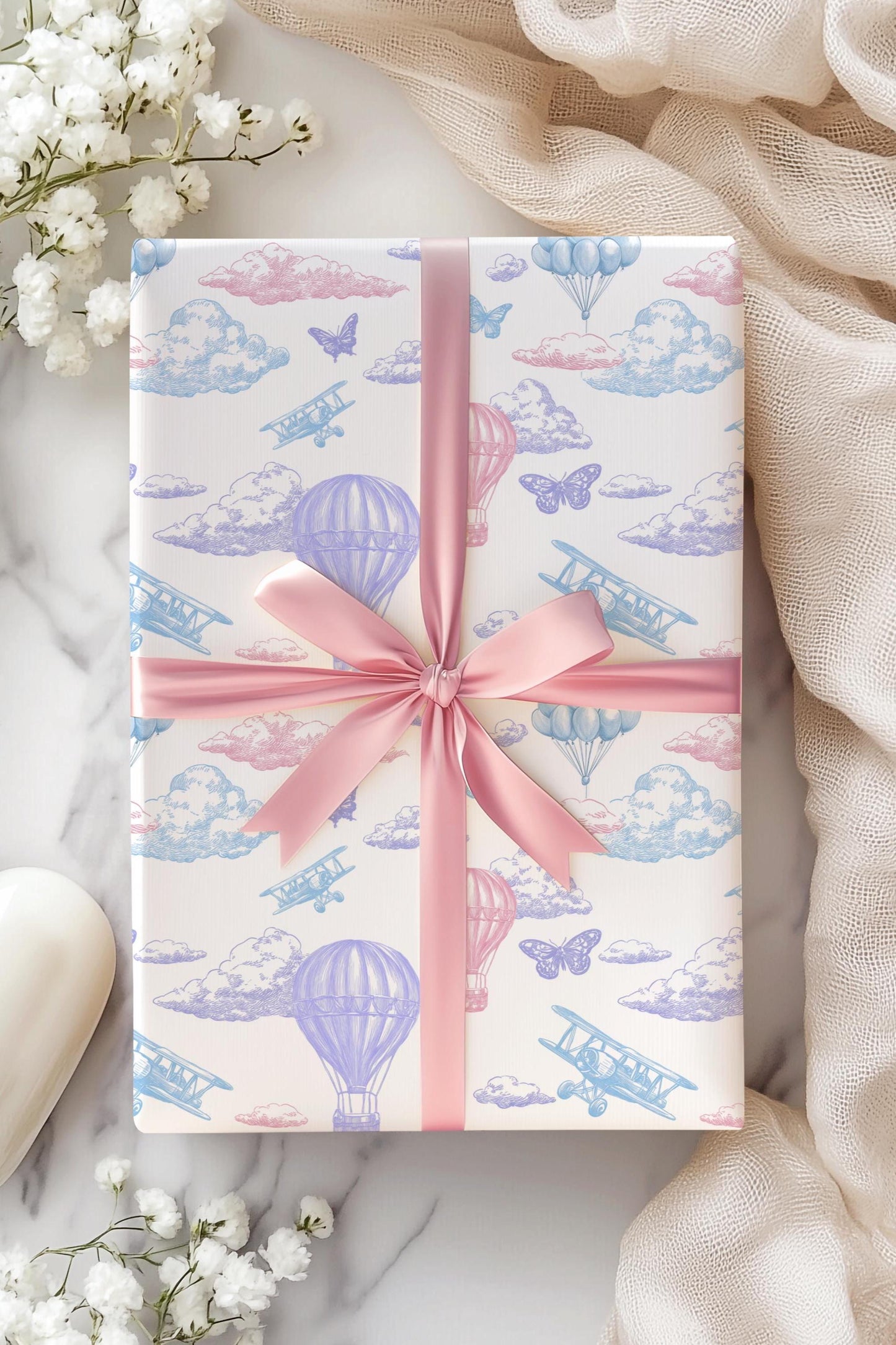 Colourful Sky Wrapping Paper Pink Purple Toile Gift Wrap Baby Girl 1st Birthday Gift Wrapping Elegant Gender Reveal Wrapping Paper Balloon - LAUMIANstudio