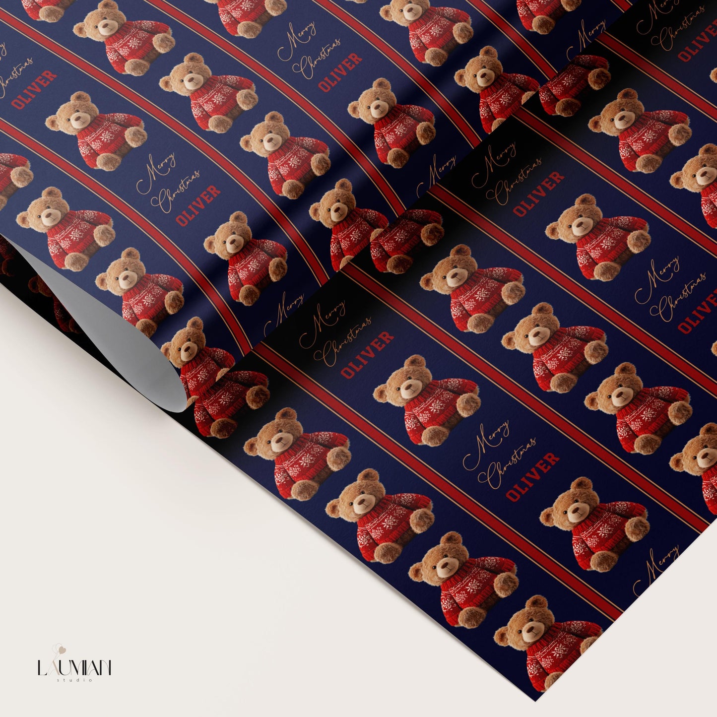Teddy Bear Festive Wrapping Paper Teddy Christmas Children Gift Wrap Dressed Teddy Holiday Paper Roll Personalized Christmas Kid Gift Paper - LAUMIANstudio