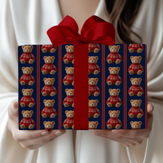 Teddy Bear Festive Wrapping Paper Teddy Christmas Children Gift Wrap Dressed Teddy Holiday Paper Roll Personalized Christmas Kid Gift Paper - LAUMIANstudio