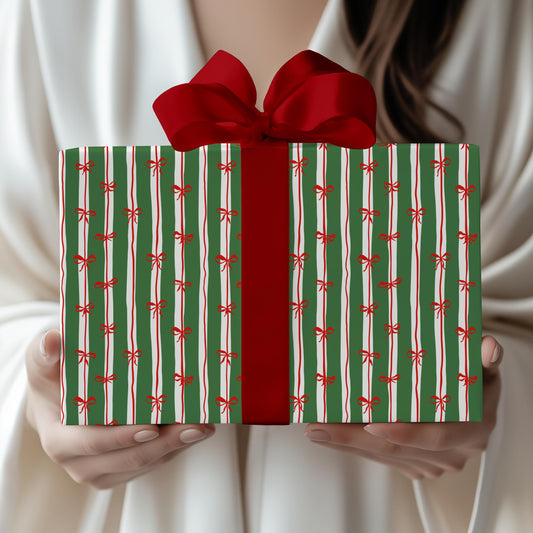 Green Red Festive Striped Wrapping paper Luxury Red Bow Christmas Gift Wrap Green Striped Wrapping Paper Roll Holiday Striped Gift Wrap - LAUMIANstudio