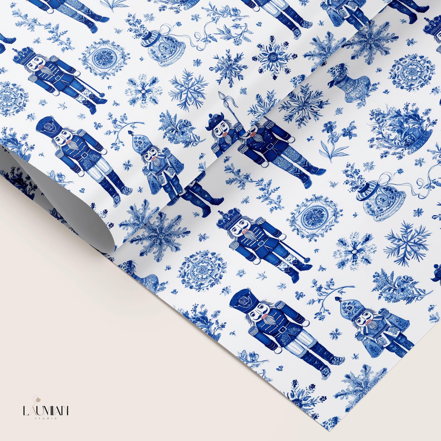 Personalized Blue Nutcracker Gift Wrap Chinoiserie Blue Christmas Wrapping Paper Kid Toy Gift Wrap Winter Snowflake Gift Wrap 1st Birthday - LAUMIANstudio