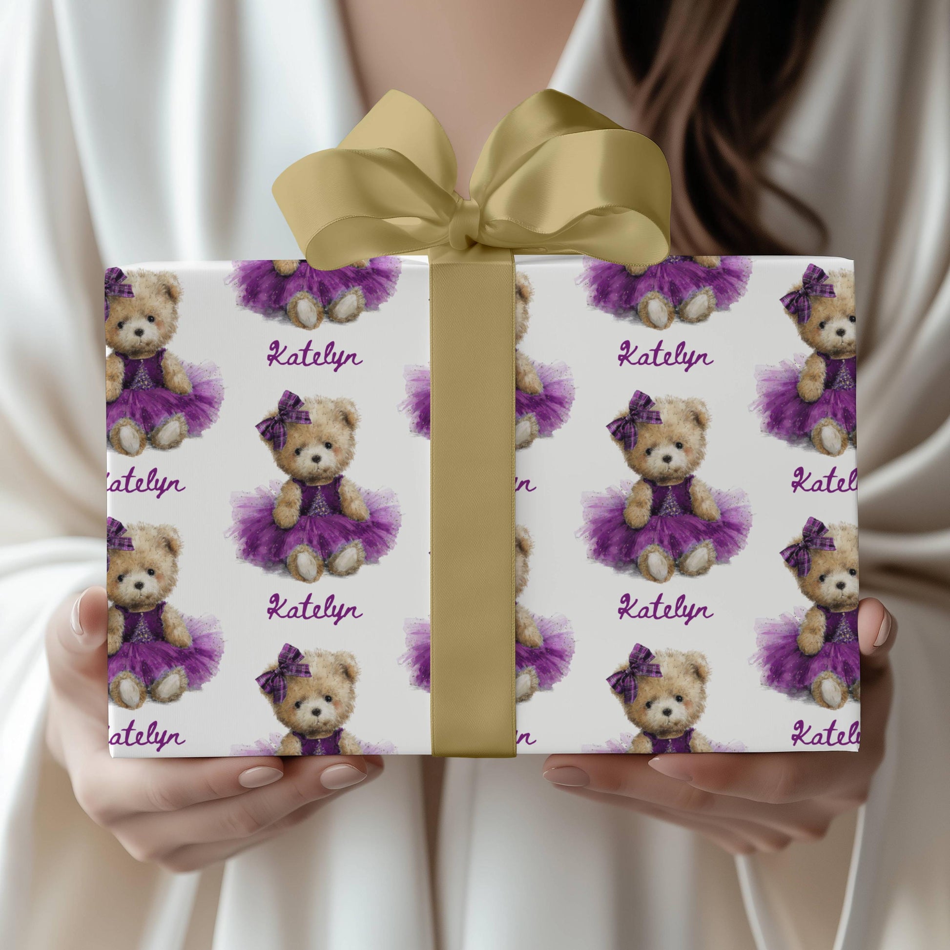 Teddy Christmas Gift Wrap for Girl Personalized Red Christmas Wrapping Paper Cute Teddy Red Dress Paper Roll Holiday Gift Wrap Granddaughter - LAUMIANstudio