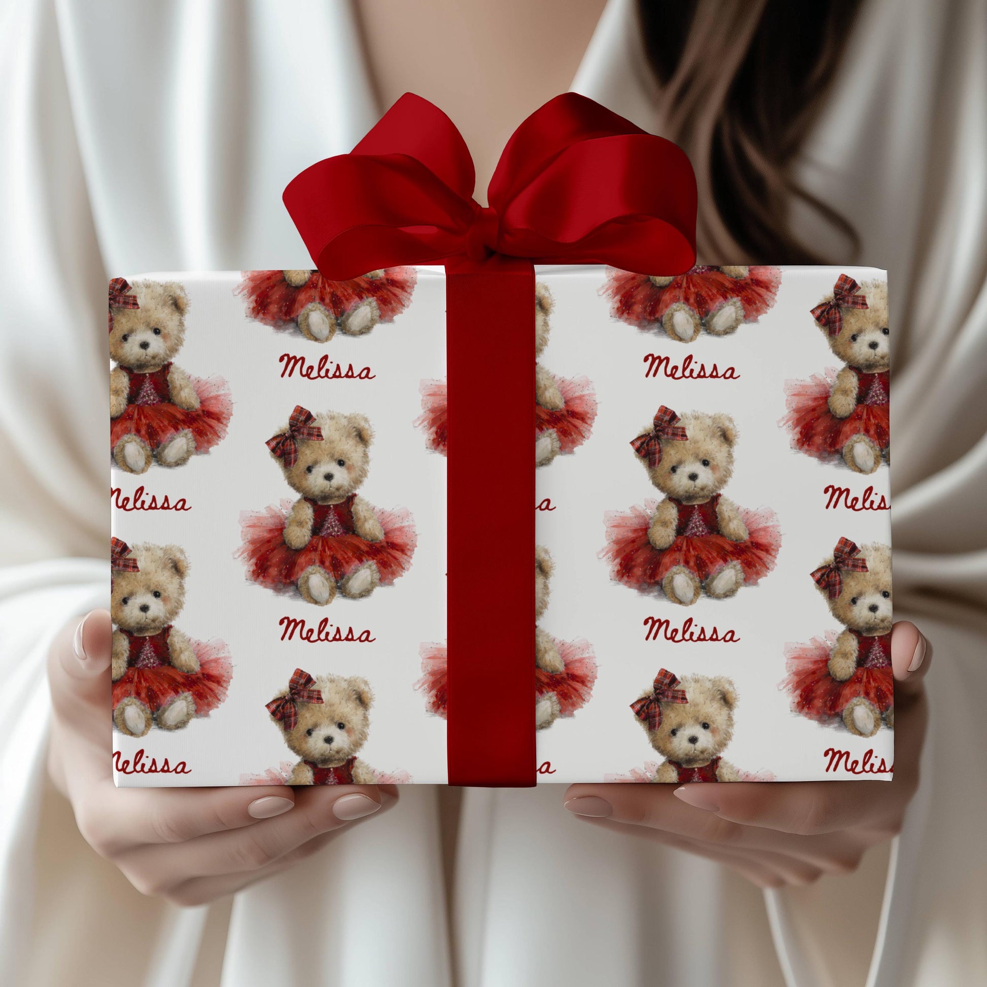 Pink Teddy Christmas Wrapping Paper Dressed Teddy Bear Gift Wrap Holiday Baby Girl Wrapping Paper Roll Teddy Bear Baby Shower Gift Wrap Girl - LAUMIANstudio