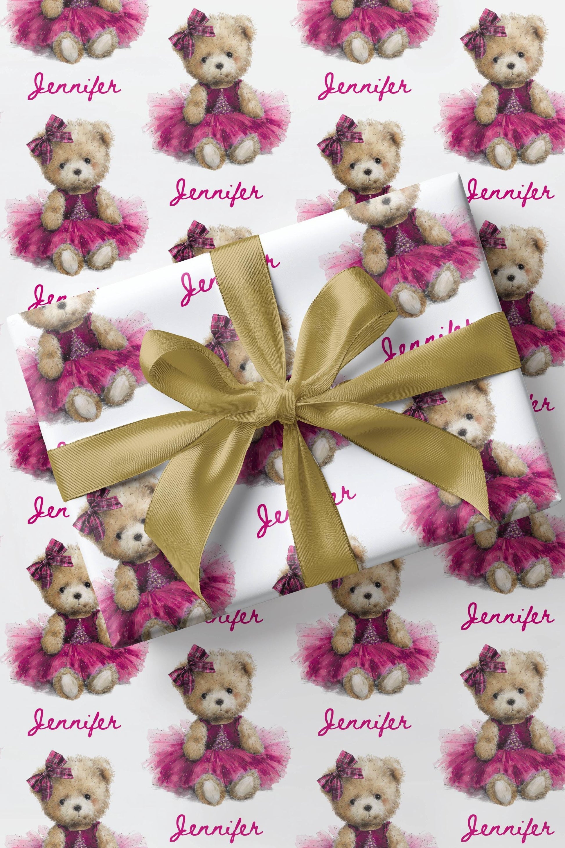 Pink Teddy Christmas Wrapping Paper Dressed Teddy Bear Gift Wrap Holiday Baby Girl Wrapping Paper Roll Teddy Bear Baby Shower Gift Wrap Girl - LAUMIANstudio