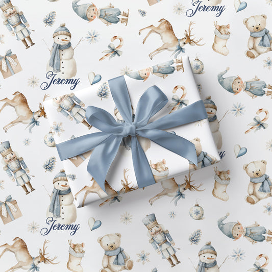 Personalized Blue Nutcracker Gift Wrap Boy Christmas Wrapping Paper Snowman Wrapping Paper Festive Nutcracker Wrap Baby Shower Gift Wrap - LAUMIANstudio