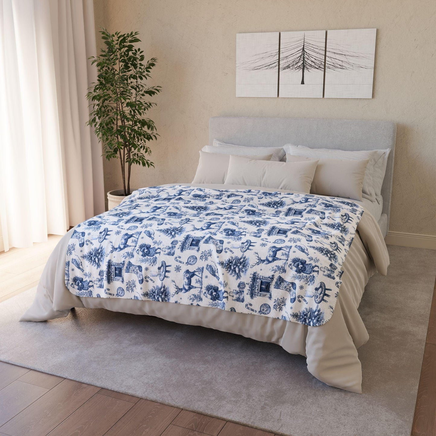 Vintage Christmas Woven Blanket Blue Toile Deer Holiday Woven Blanket Elegant Toile de Jouy Throw Blanket Festive Blue Home Decoration - LAUMIANstudio