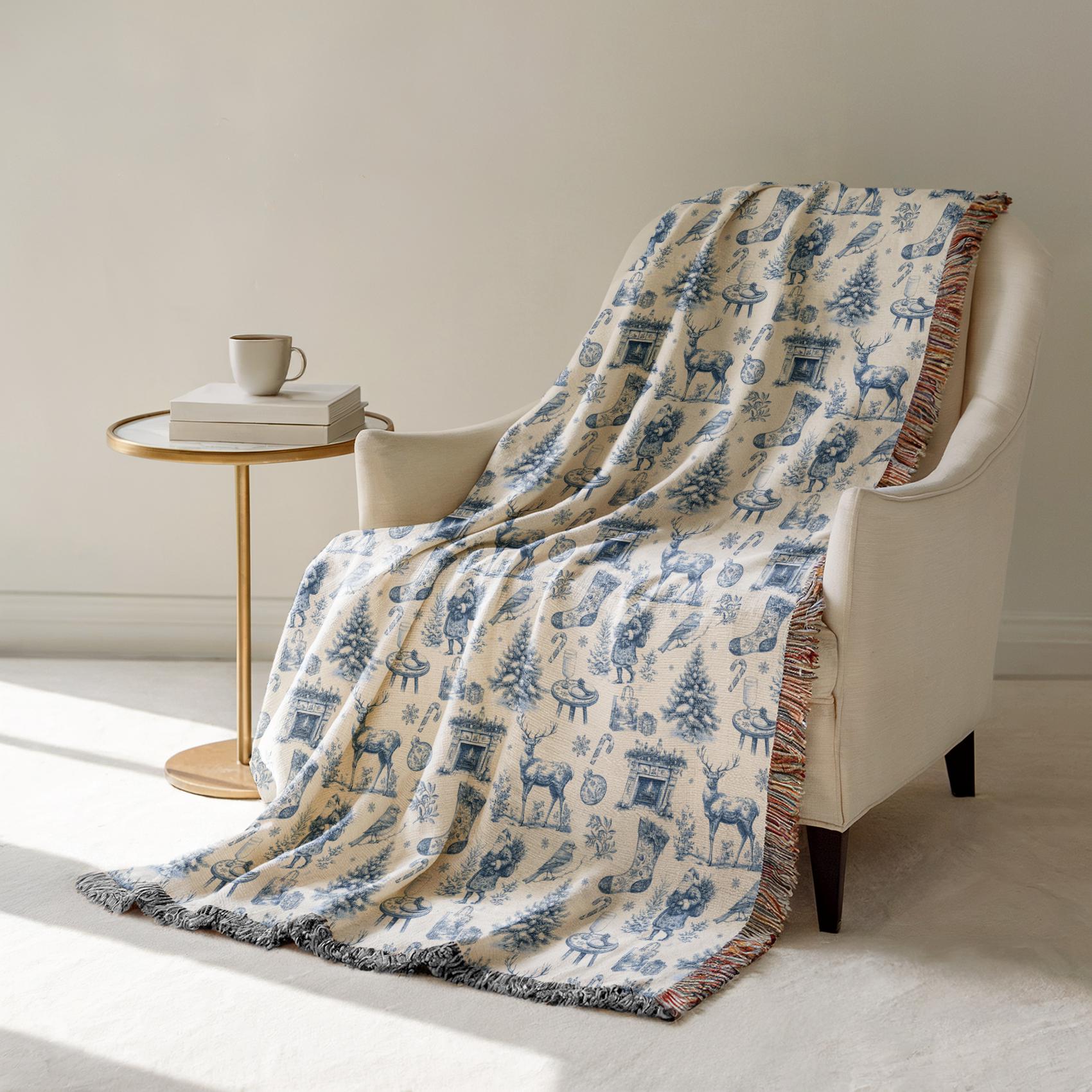 Blue Toile Christmas Blanket Festive Blue Velveteen Plush Blanket Elegant Holiday Sofa Decor Winter Toile de Jouy Throw Blanket - LAUMIANstudio