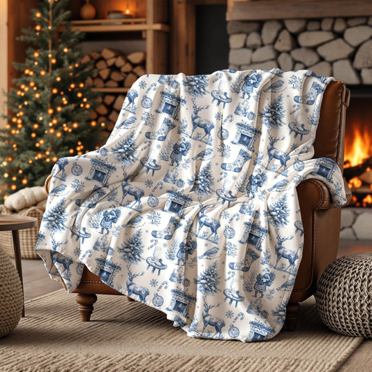 Blue Toile Christmas Blanket Festive Blue Velveteen Plush Blanket Elegant Holiday Sofa Decor Winter Toile de Jouy Throw Blanket - LAUMIANstudio